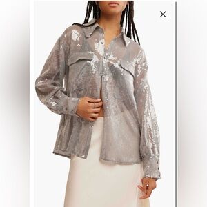Free People Silver Sequin Button-Up Shirt NWT